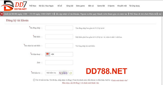 Biểu mẫu đăng ký tài khoản DD7