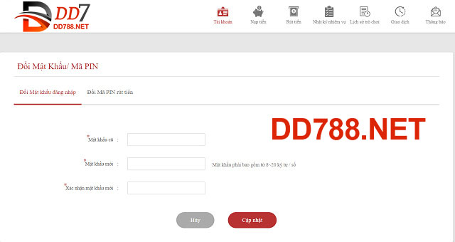 Biểu mẫu đổi mật khẩu cho tài khoản DD7